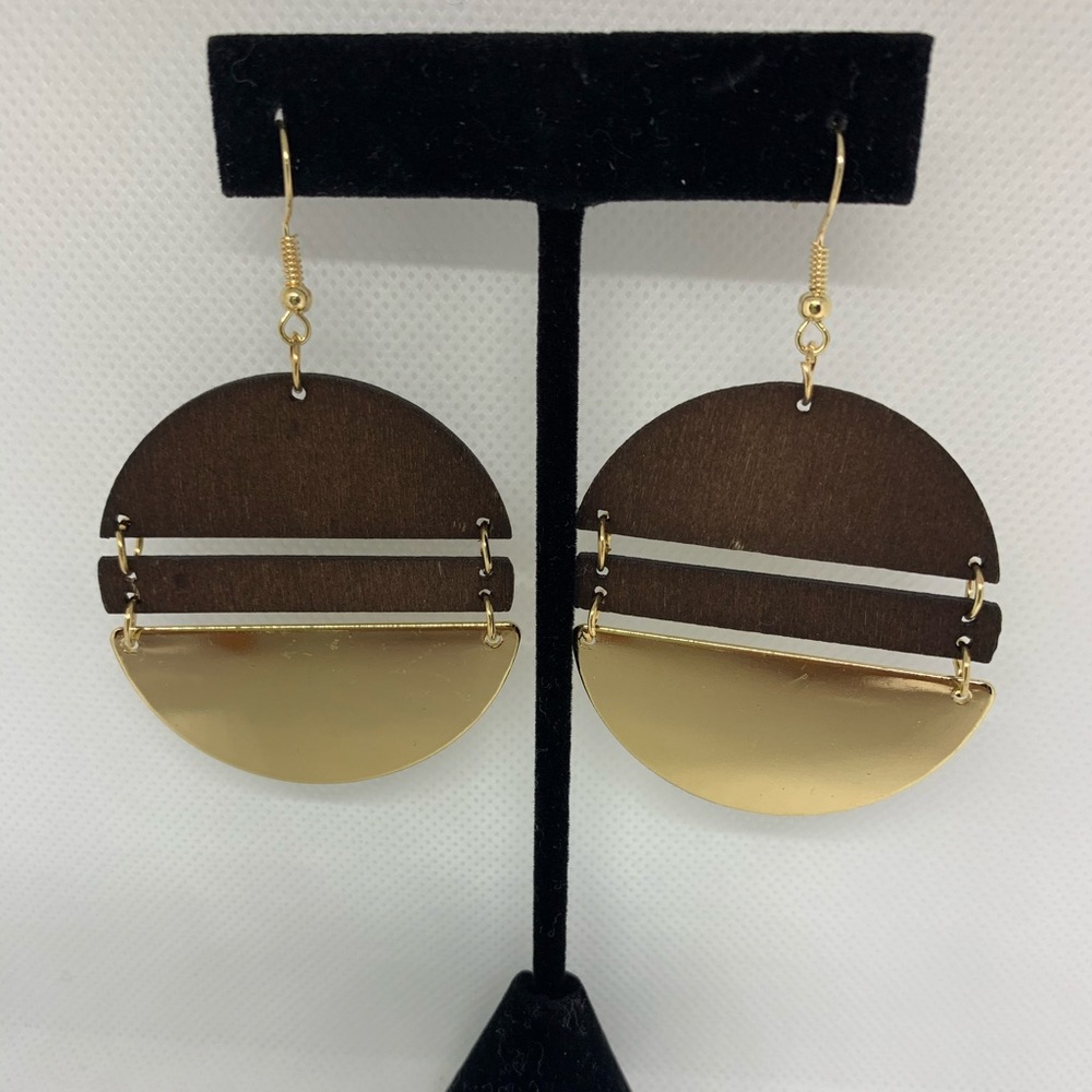 Gold and Wooden Dangle Earrings
